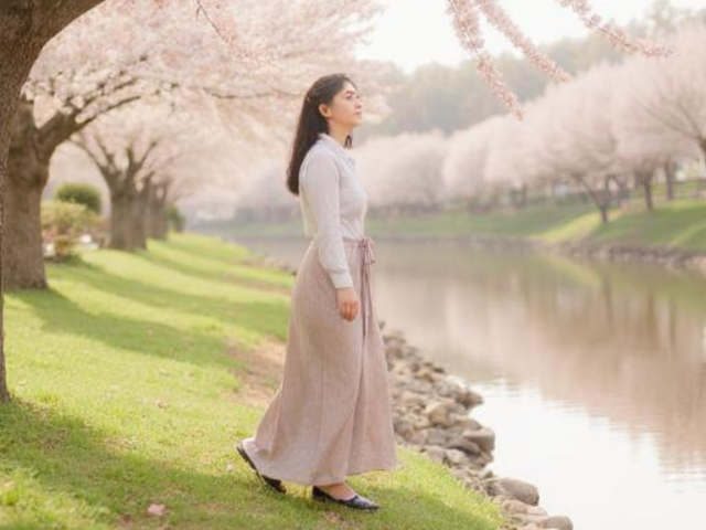 桜と女性
